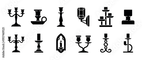 Candle holders icons set featuring various styles of decorative candelabras, candlesticks, and sconces for elegant lighting.