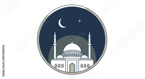 Islamic Mosque at Night Icon with Crescent Moon and Star. Flat vector illustration of religious architecture in a circular frame.