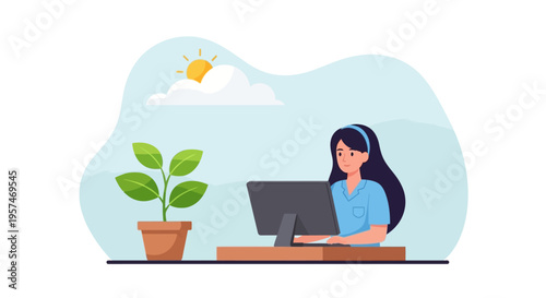 Productive Young Woman Working on Computer in Bright Home Office. Flat Illustration of Remote Work, Online Learning, and Sustainable Workspace.