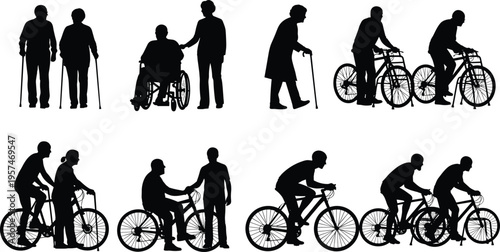 elderly people and cyclists silhouette set, active lifestyle and healthcare support concept vector illustration isolated on white background collection