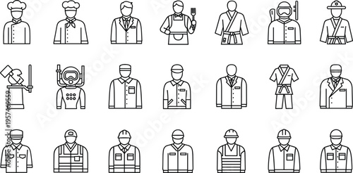 Professional occupation icons set with chef, doctor, engineer, worker, astronaut and various job roles outline vector illustration collection