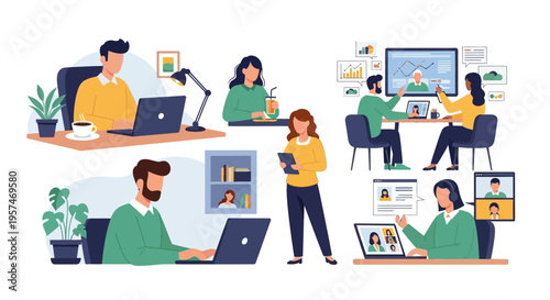 Remote Work & Digital Collaboration Illustration Set: Home Office, Online Meetings, Virtual Teams, and Modern Business Productivity