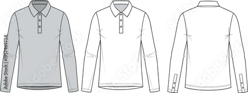 long sleeve polo shirt mockup, front back views, button placket design, casual apparel template, realistic clothing garment illustration set