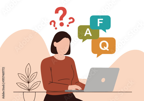 Woman uses laptop with FAQ speech bubbles for customer support