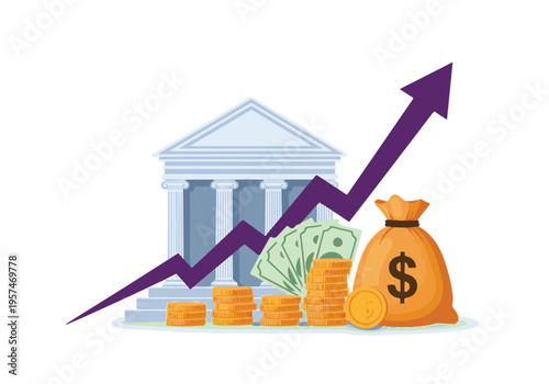 Financial growth and investment concept with bank, money, and upward arrow
