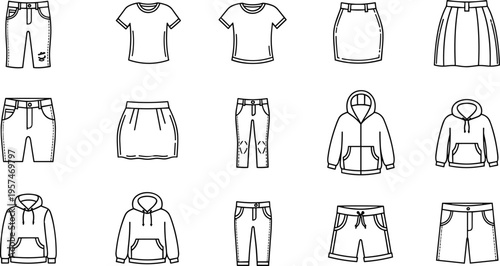 Clothing apparel icons set with t shirts, hoodies, shorts, skirts and pants outline fashion vector illustration collection