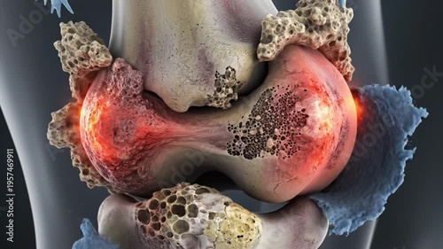 Conceptual 3D animation of a healthy knee joint deteriorating into severe osteoarthritis. Medical visualization of cartilage erosion, bone cracking, and painful joint inflammation.