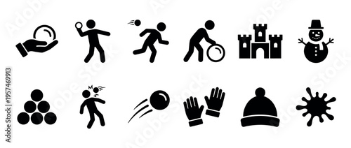 Collection of black silhouette icons depicting various winter activities, including snowball fights, building snowmen, and snow forts.