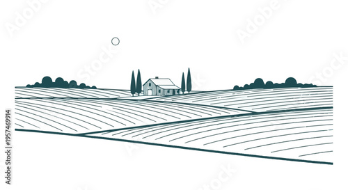 Minimalist rural landscape illustration with fields, barn, and trees under a clear sky