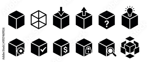 Cube icons set with various symbols representing concepts like input, output, ideas, security, and data processing for digital design.