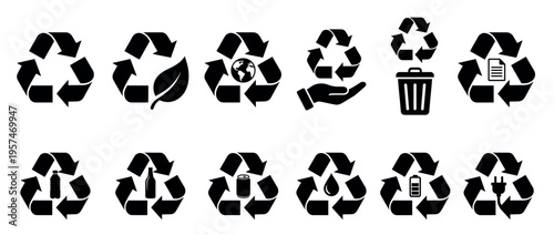 Recycling symbols collection featuring various environmental and waste management icons for sustainability concepts and ecological awareness.