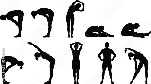 Silhouette vector illustration of people stretching exercises, fitness workout poses, flexibility training icons, healthy lifestyle activity, gym warmup collection