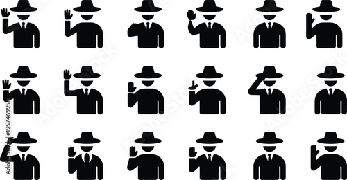 Businessman silhouette icons set, professional male figure poses, hat suit gestures collection, vector illustration pack for communication design