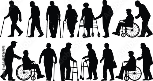 elderly assistance silhouettes set, seniors with cane walker wheelchair and caregiver help, aging disability healthcare support concept, isolated vector illustration