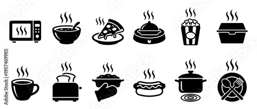 Hot food cooking appliance icons collection featuring various steaming dishes and kitchen tools for meal preparation and serving.