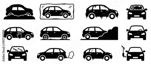 Cars winter conditions icons set depicting various cold weather driving challenges and vehicle maintenance issues.