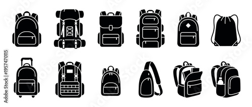 Collection of various backpack and bag icons, including travel, school, hiking, and casual styles, presented as black silhouettes.