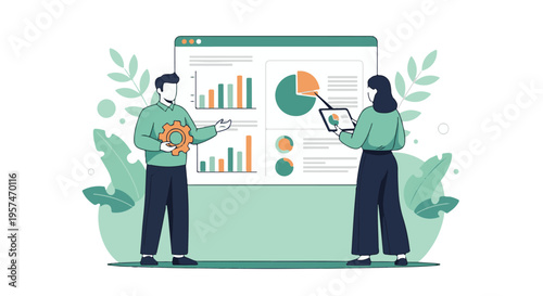 Business team analyzing data and performance reports on a digital screen