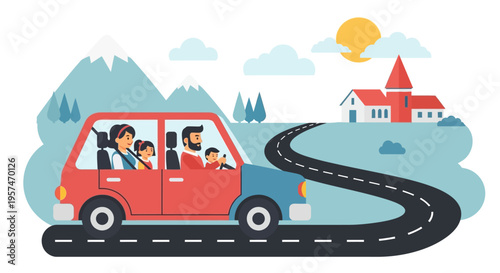 Family enjoying a road trip in a red car.