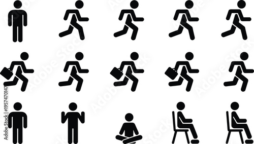 Human posture silhouette icons set showing walking, running, standing, sitting, shrugging, briefcase carrying, cross-legged, chair sitting, activity illustration