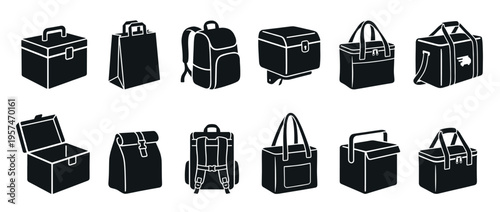 Collection of various bags and containers including backpacks, cooler boxes, delivery bags, and shopping totes, depicted as black and white icons.