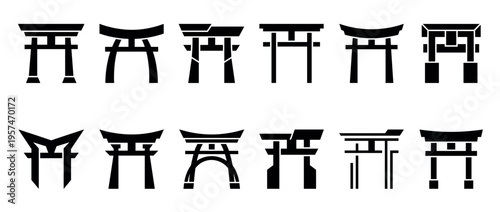 Torii gates icons collection featuring various traditional Japanese shrine entrance symbols in a modern flat black silhouette style.