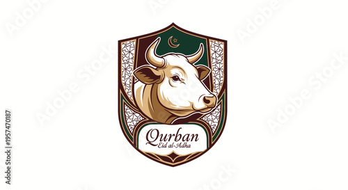 Stylized Qurban Eid al-Adha emblem with a bull head illustration, ornate shield, and crescent moon symbol, Islamic festival concept