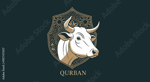 Elegant White Bull Head Graphic with Ornate Shield and Qurban Text on Dark Background - Islamic Sacrifice Celebration
