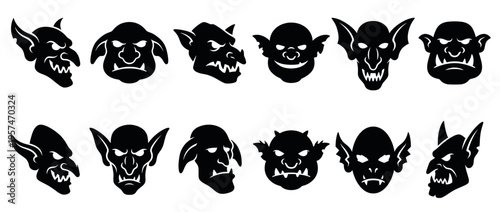 Goblin heads and monster faces collection featuring various fantasy creature silhouettes with sharp teeth and pointed ears.