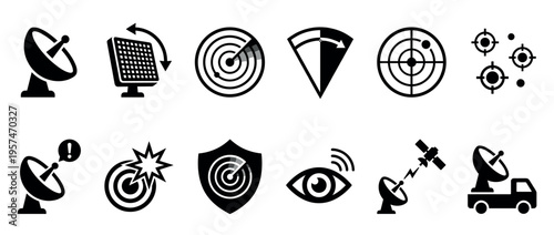 Collection of radar, satellite, and detection system icons representing communication, surveillance, and target tracking technologies in a modern digital context.