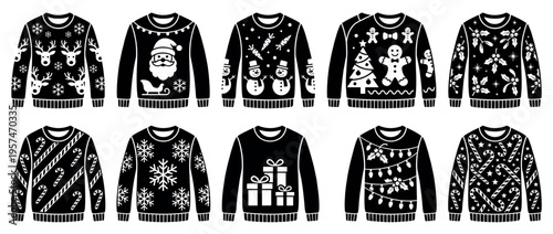 Collection of various festive Christmas sweaters featuring traditional holiday patterns like reindeer, Santa Claus, snowmen, and gingerbread men.