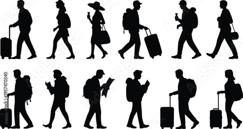 Silhouette travelers walking with luggage, backpacks, handbags, mobile phones, documents, commuting people, airport passengers, journey lifestyle, transportation illustration, vector