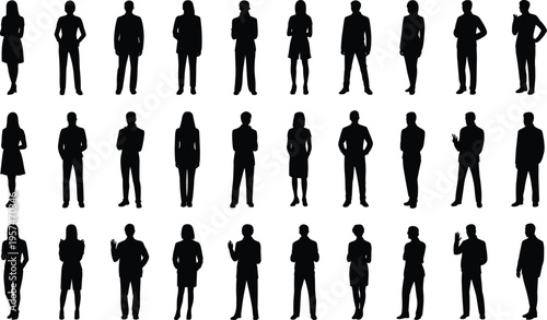 Silhouette people collection, diverse standing poses, business casual attire, professional figures, human posture variety, body language illustration, vector design