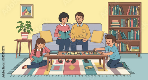 Family enjoying quiet time together at home, reading and playing a board game.