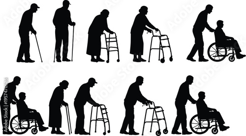 elderly care silhouettes set, senior people with cane walker wheelchair, caregiver assistance support, aging disability concept, isolated vector illustration collection