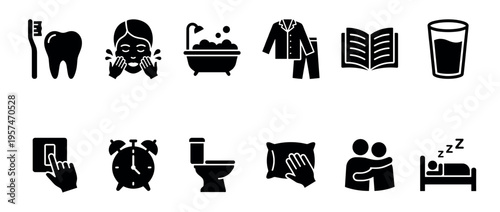Daily routine icons set illustrating evening and bedtime activities for personal care, hygiene, and relaxation.