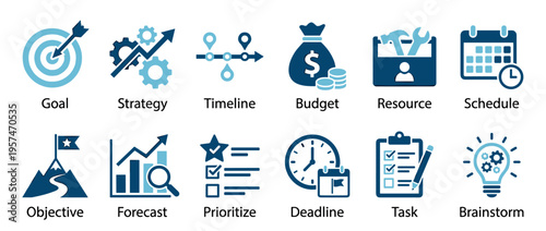 Business planning icons set for project management, strategic development, task organization, and goal achievement, presented in a clean, modern style.
