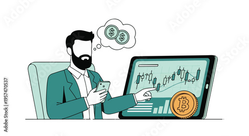 Financial investor analyzing cryptocurrency market trends on digital devices