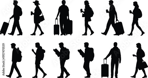 Silhouettes of diverse travelers walking with luggage, backpacks, coffee cups, and books at airport or train station transit scene