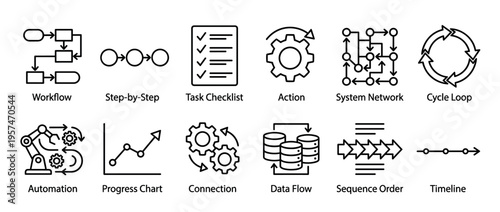Modern line icons representing business processes, workflow, data flow, automation, and project management concepts for various applications.