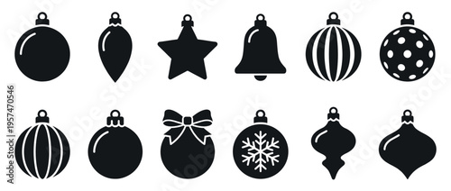 Christmas ornaments collection featuring various festive shapes and patterns for holiday season decoration and celebration designs