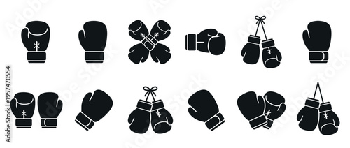 Boxing gloves icons set in black silhouette style, representing combat sports, martial arts, and fitness training equipment.
