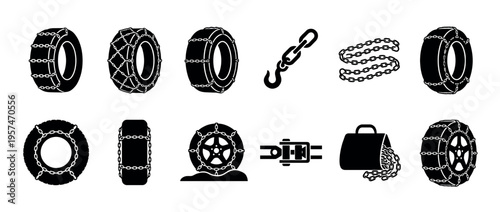Snow chains for vehicle tires icon set illustrating various types of chains, hooks, and tensioners for winter driving safety and enhanced traction.