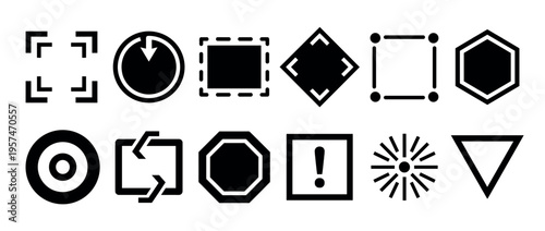 Collection of diverse black and white geometric icons and abstract symbols representing various user interface functions and design elements.