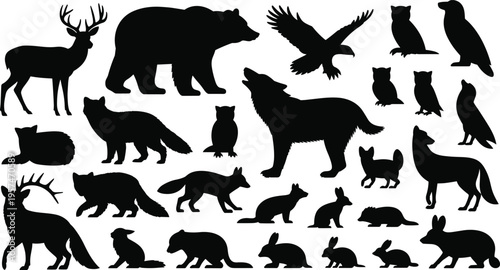 Wild forest animal silhouettes collection featuring bear, deer, wolf, fox, raccoon, rabbit, owl, eagle, birds, woodland wildlife illustration