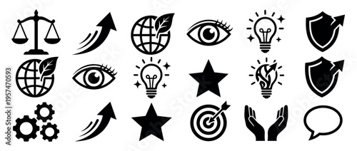 Business concept icons, idea, growth, security, communication, and environmental symbols representing various abstract notions for web and print design.