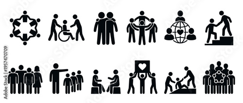 People community support teamwork icons representing social interaction, assistance, and collaboration in various group settings.