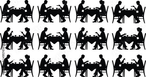 Seamless pattern of dining silhouettes, man and woman at table, eating and drinking, repeated grid design, decorative illustration background