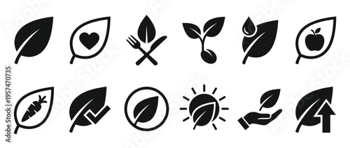 Collection of diverse leaf icons representing nature, organic food, ecology, growth, and sustainable living concepts.