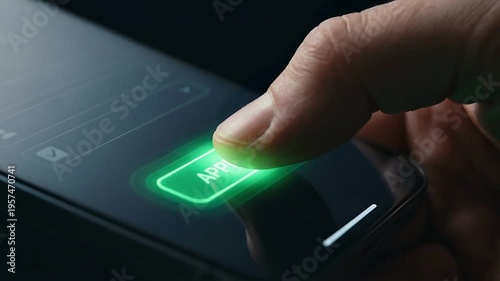 Finger pressing glowing green approve button on smartphone screen, close-up. Digital authorization and secure transaction concept.
